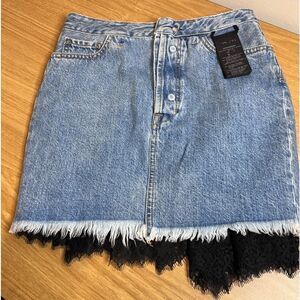 Ben Taverniti Unravel Project Blue Denim Black Lace A-Line Skirt Size 24 NWT